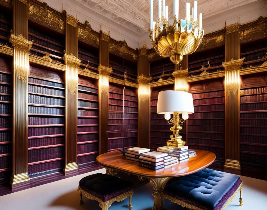 Luxurious library with tall bookshelves, central table, classic lamp, velvet seating, and golden