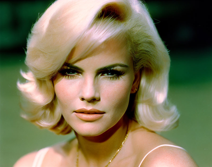 Portrait of woman with platinum blonde hair and dark eyebrows on blurred green background