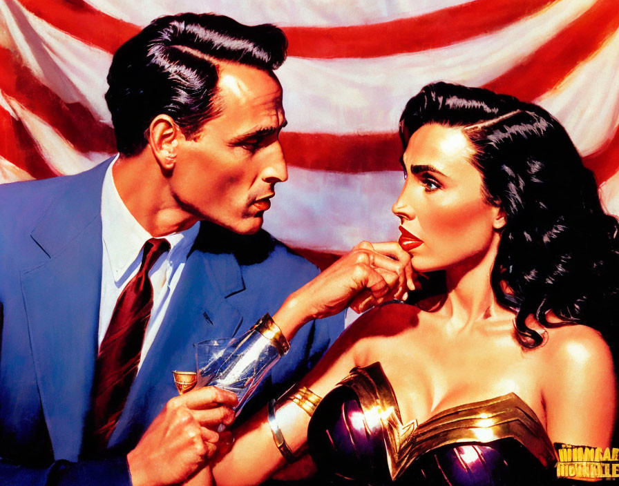 Man in suit and Wonder Woman with drink against American flag backdrop