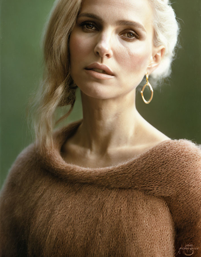 Blonde woman in gold hoop earrings and fuzzy brown sweater