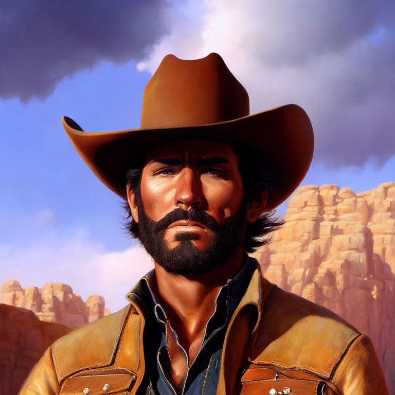 Bearded man in cowboy attire against rocky cliffs