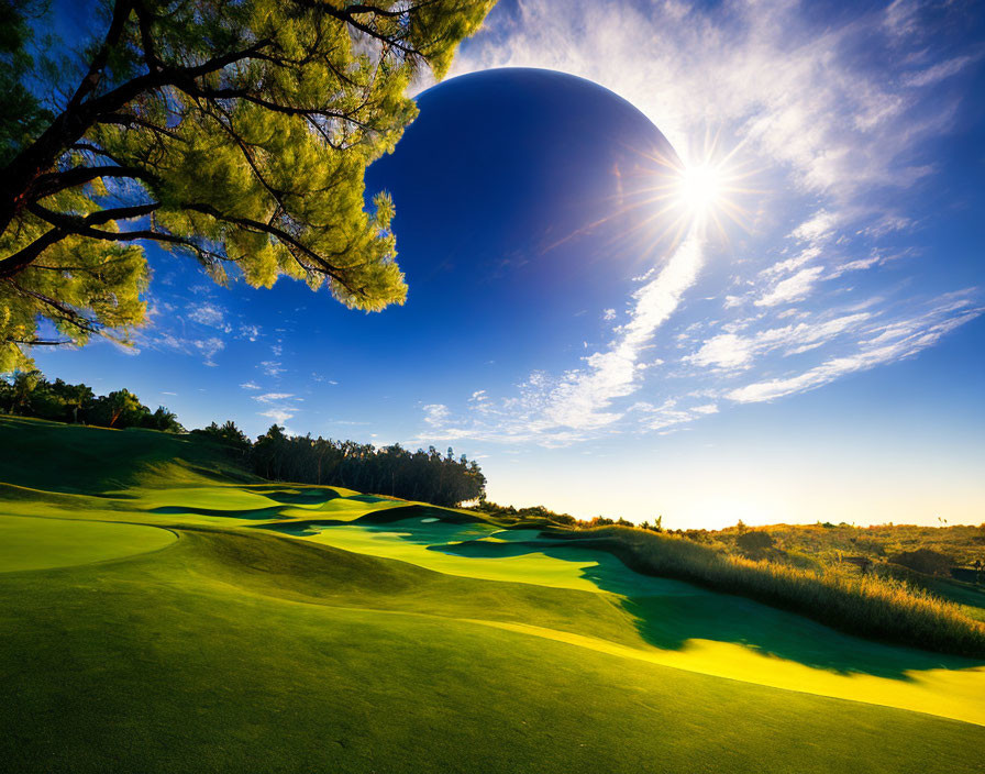 Surreal golf course landscape with large moon and vibrant sky