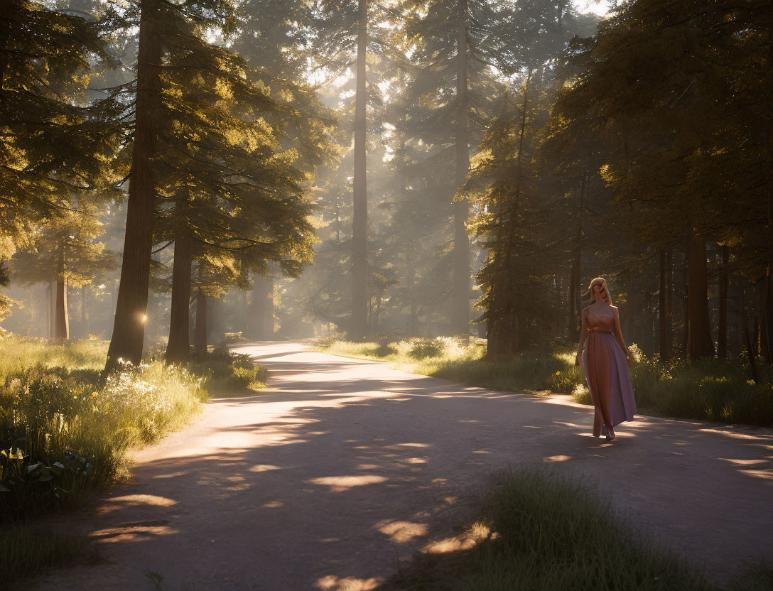 Woman in Pink Dress Standing on Forest Path in Warm Sunlight