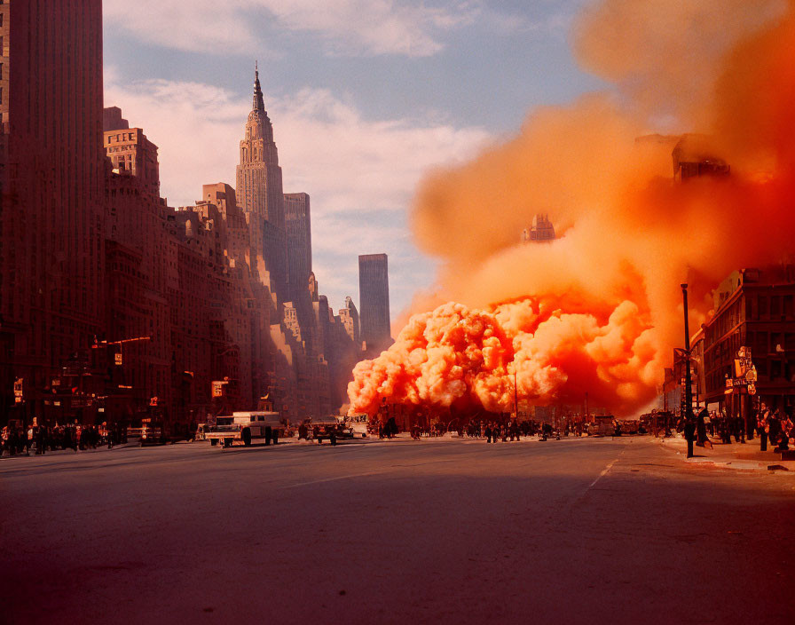 City street scene with pedestrians and orange smoke cloud near tall buildings.