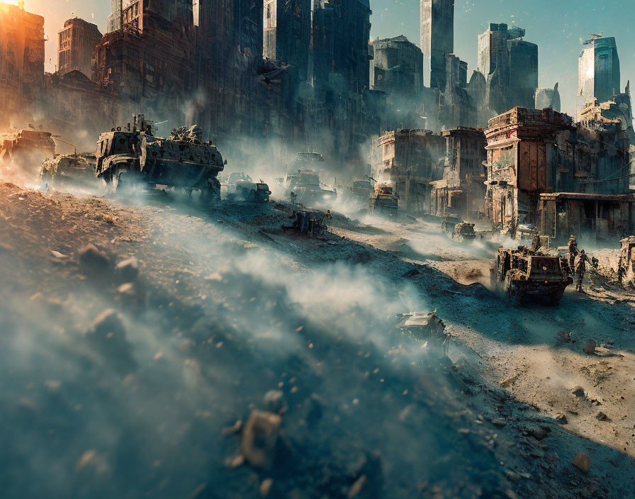 Dystopian cityscape with military vehicles and soldiers in ruins