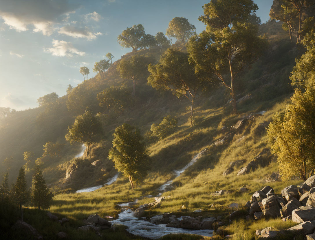 Forest creek under sunlight with rocky banks and grassy hills