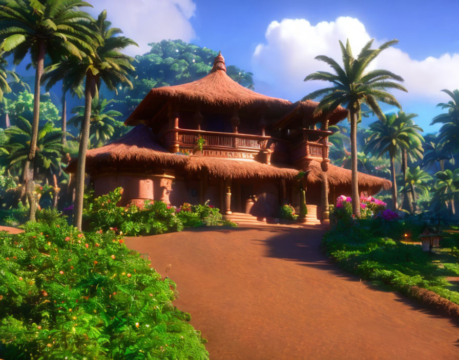 Tropical Thatched-Roof Hut Surrounded by Palm Trees