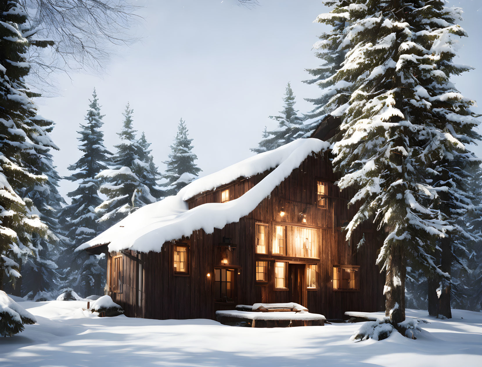 Snowy Winter Landscape: Cozy Wooden Cabin & Pine Trees