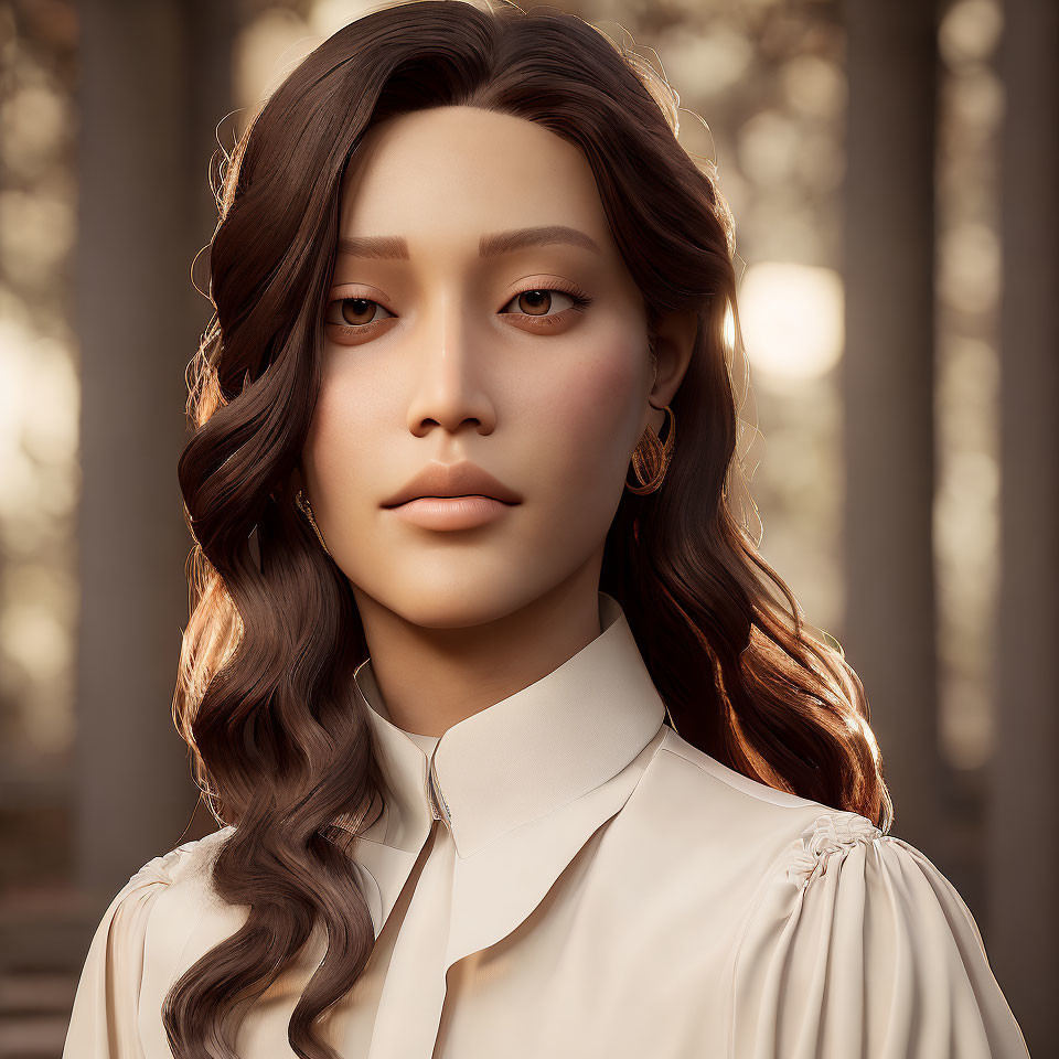 Portrait of Woman with Wavy Hair and White Blouse in Natural Setting