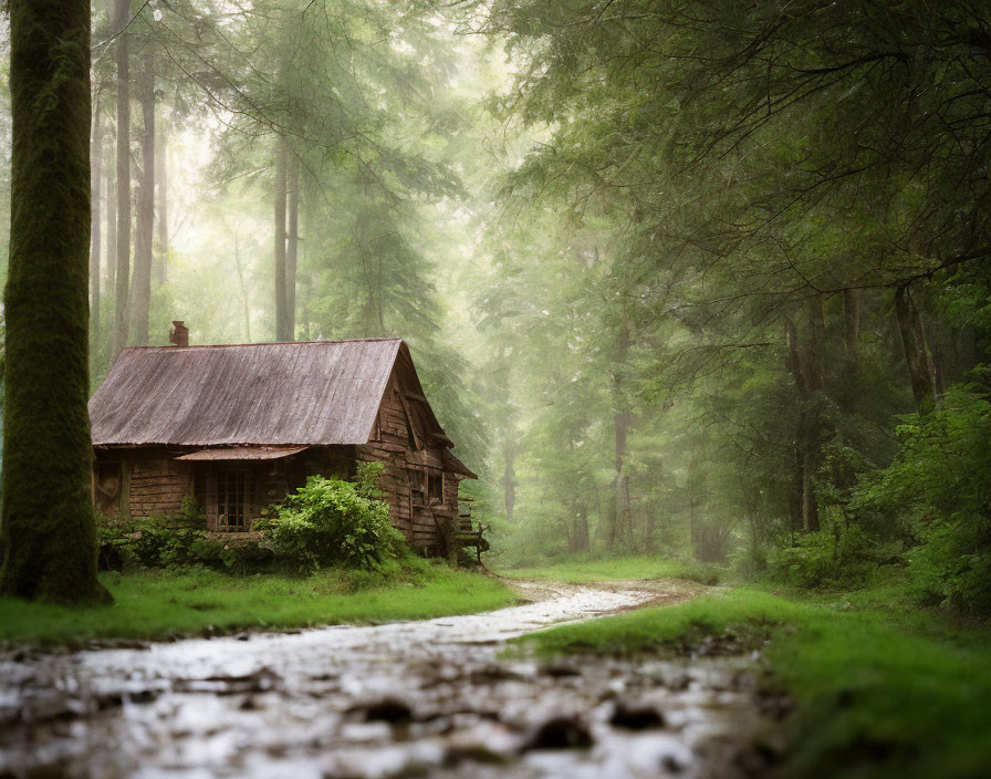 Rustic cabin in misty green forest with tall trees and gravel path