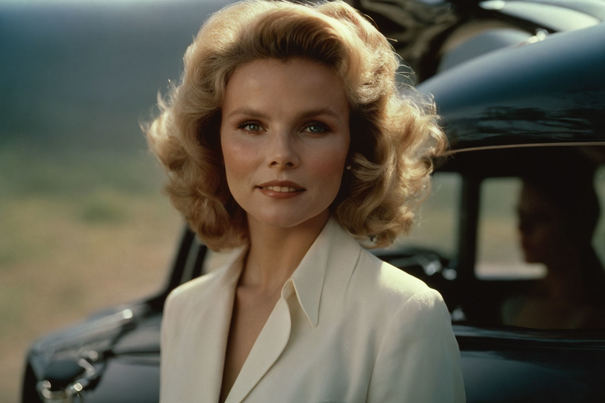 Blonde woman in white blazer with green field and car in background