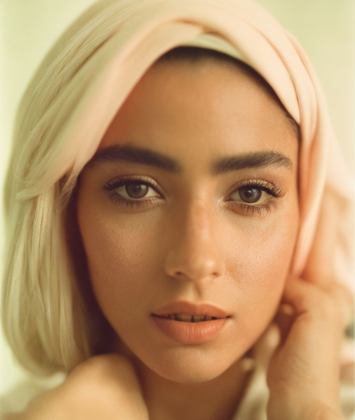 Woman with Peach Headscarf and Intense Gaze in Serene Close-up