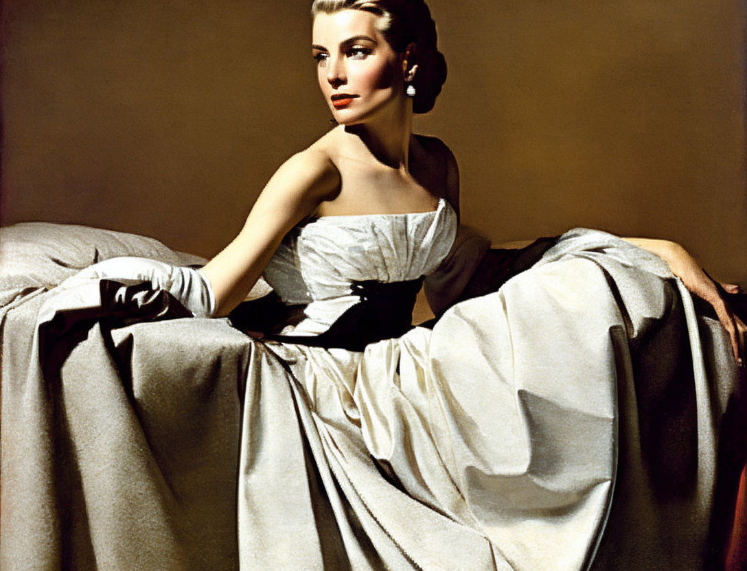 Elegant person in white strapless gown with flowing fabric, sitting gracefully.