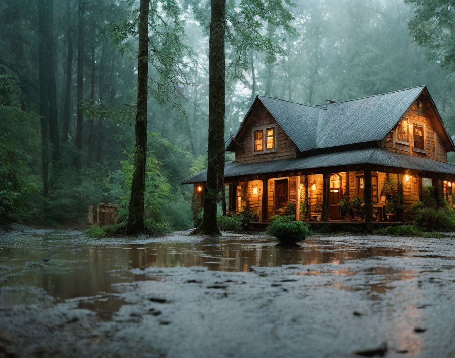 Secluded cabin in misty forest with glowing lights