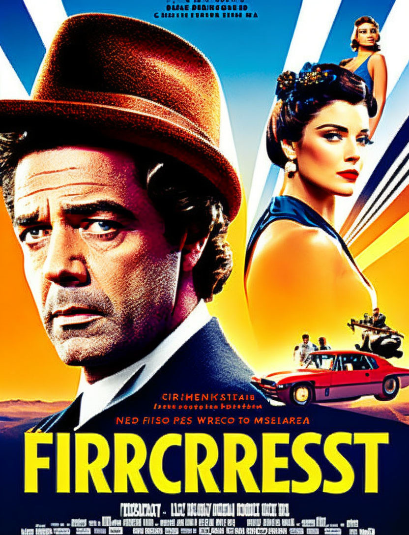 Colorful Movie Poster with Man in Fedora Hat, Woman with Updo, and Vintage Car