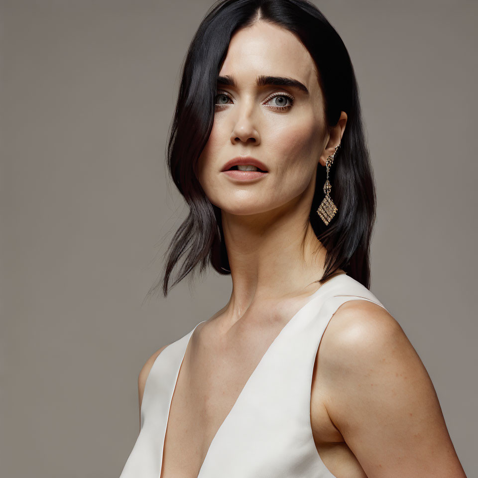 Woman with Dark Hair in White Top and Earring Gazes Upwards