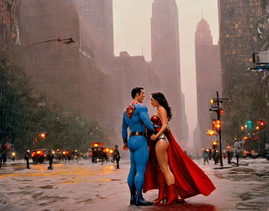 Actors in Superman and Wonder Woman costumes embrace on rainy city street