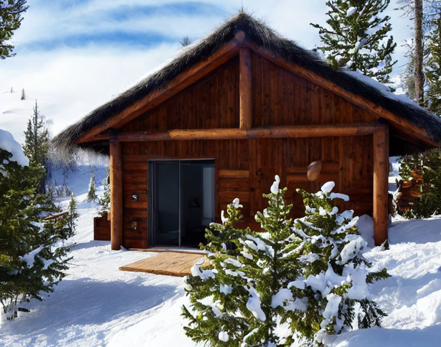 Snow-covered wooden cabin in pine tree forest under clear blue sky