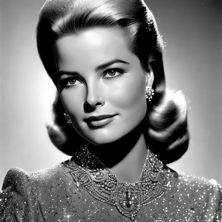 Vintage black and white portrait of a woman with 1940s hairstyle and glamorous attire