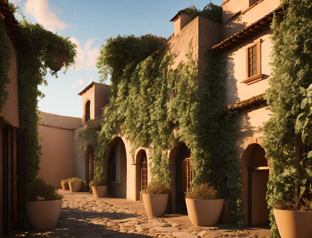 Rustic building courtyard with vines, archways, plants, and cobbled ground.