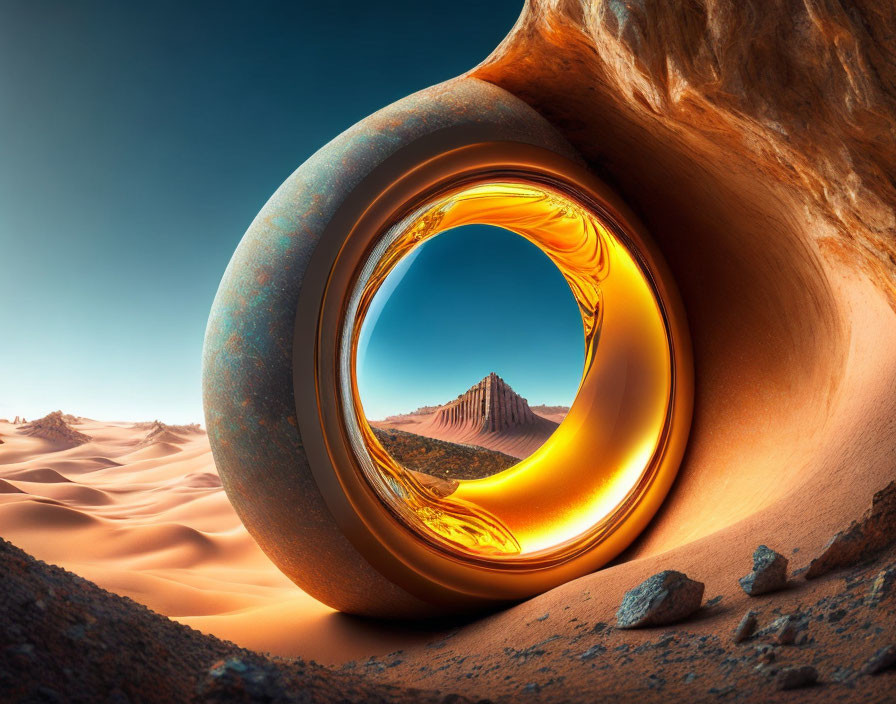 Surreal desert landscape with Möbius strip under blue sky