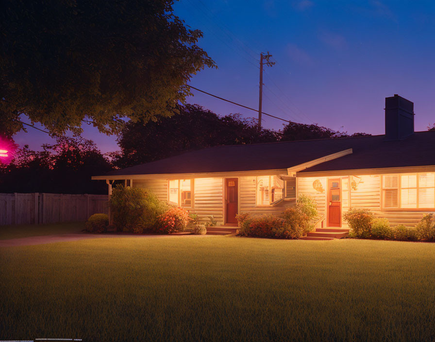 Twilight scene of illuminated suburban house with streetlight