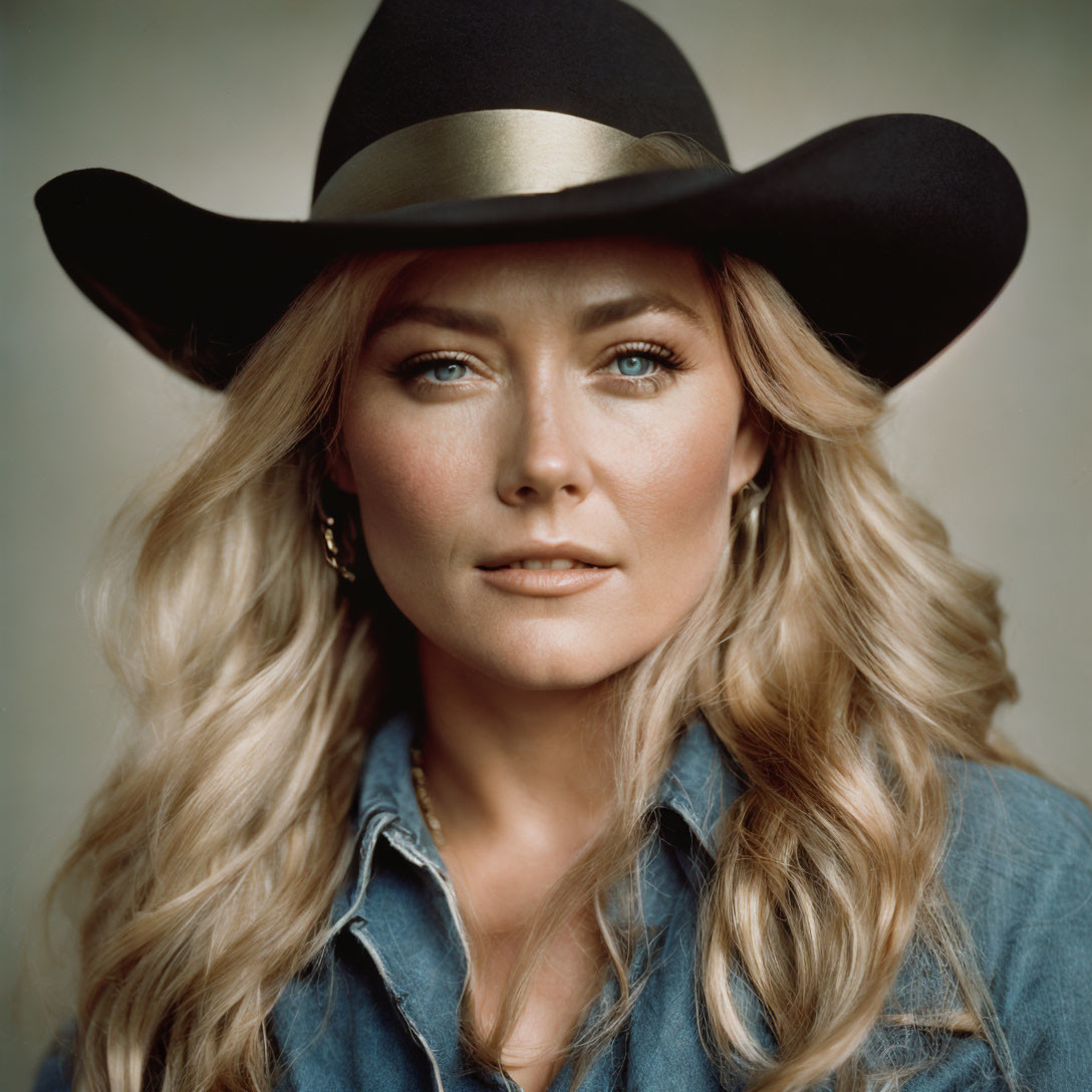 Blonde woman in black hat and denim outfit gazes at camera.