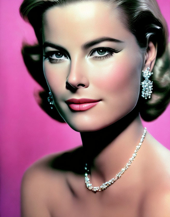 Vintage Makeup Portrait: Woman with Sparkling Jewelry on Pink Background