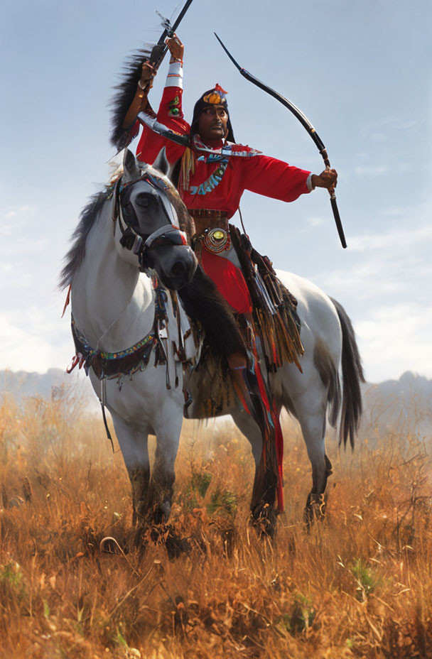 Person in Red Native Attire on White Horse in Sunlit Field