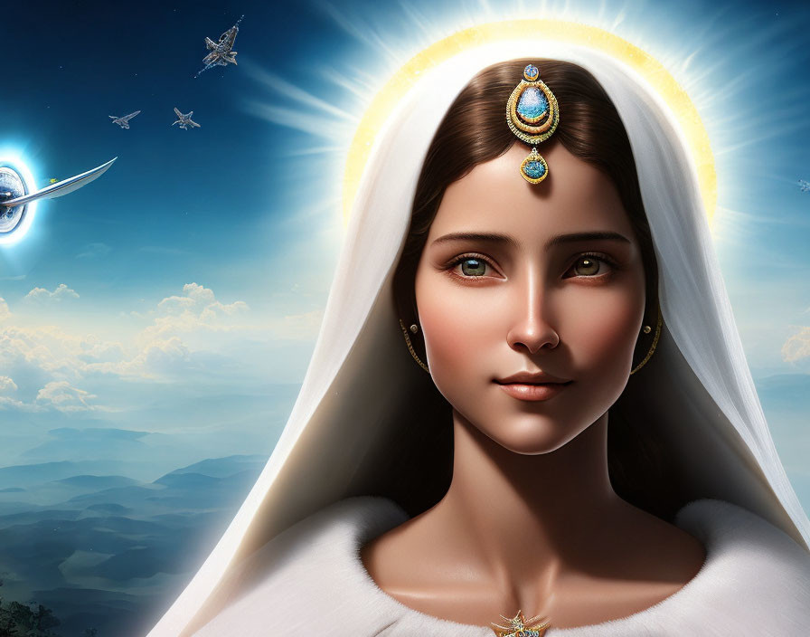 Illustration of woman with halo and jewelry against serene sky and hills