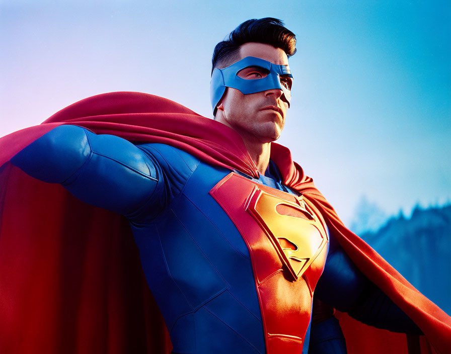 Superman costume with red cape and 'S' emblem against twilight sky