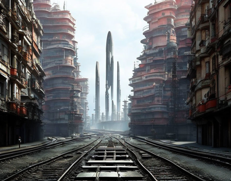 Futuristic cityscape with railroad tracks and skyscrapers