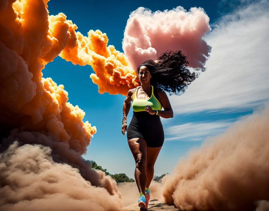 Woman Running on Dusty Trail Under Vibrant Orange Clouds