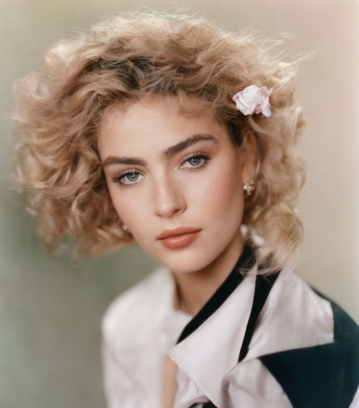 Blonde woman with curly hair in white blouse and black vest