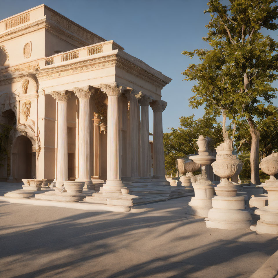 Neoclassical architecture with Corinthian columns and decorative urns under sunlight against clear sky and green