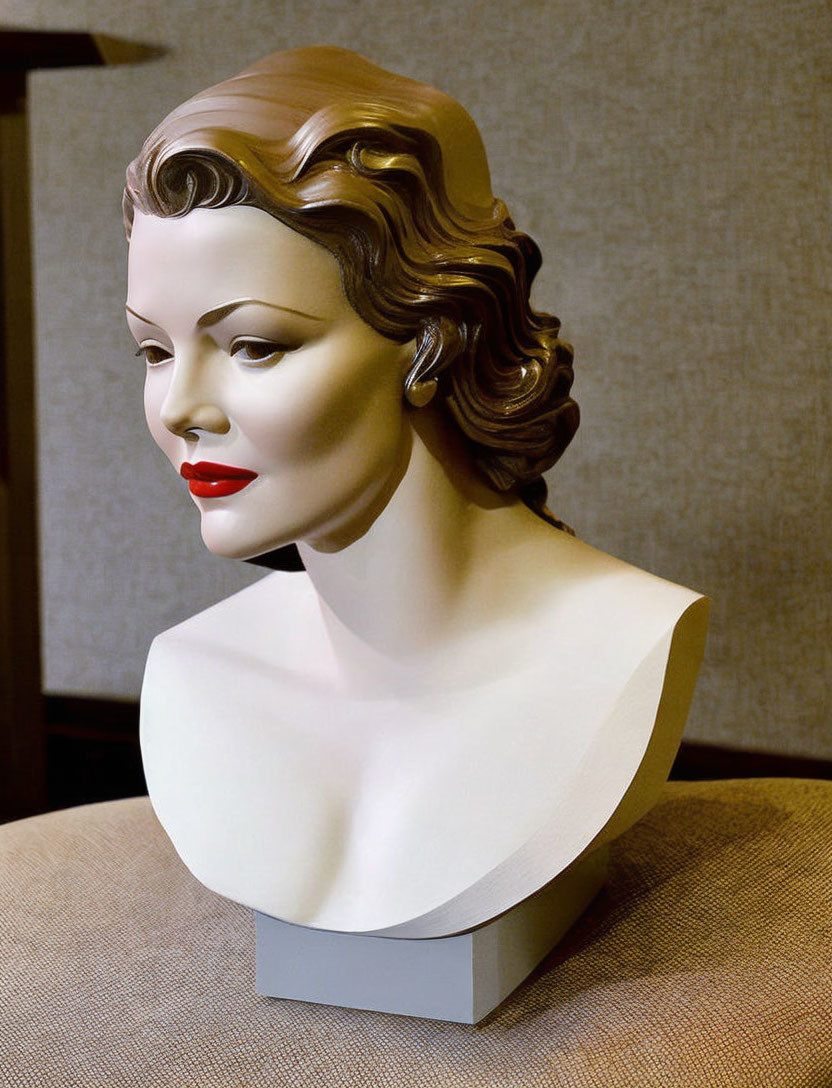 Mannequin head bust with detailed facial features and red lipstick