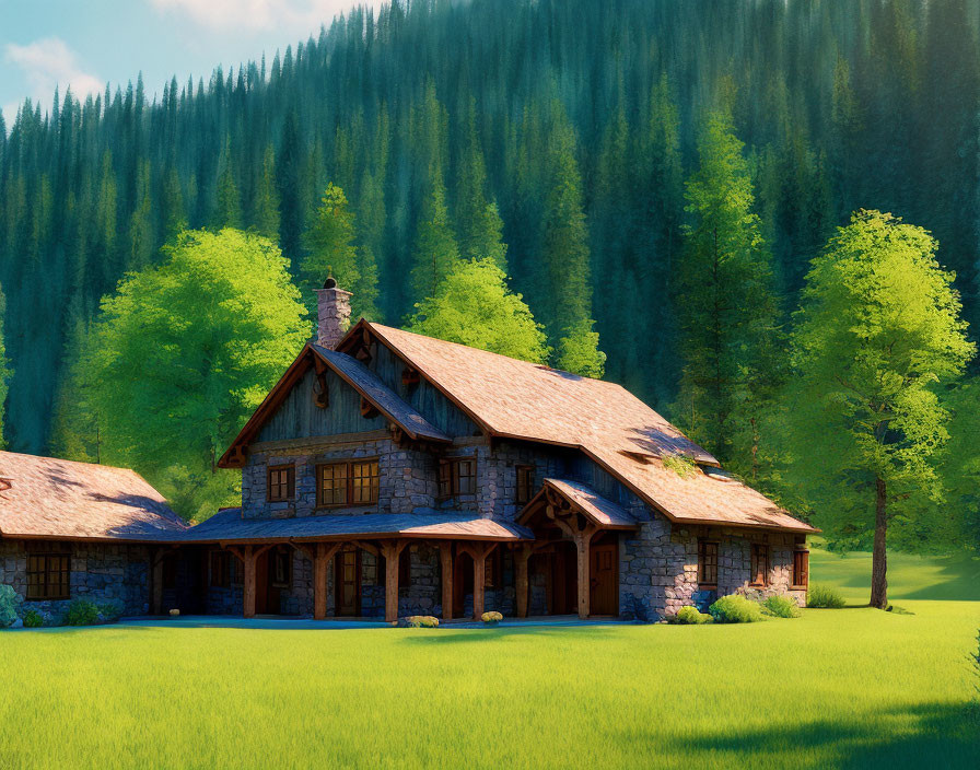 Stone Cottage with Wooden Accents in Meadow and Pine Forest