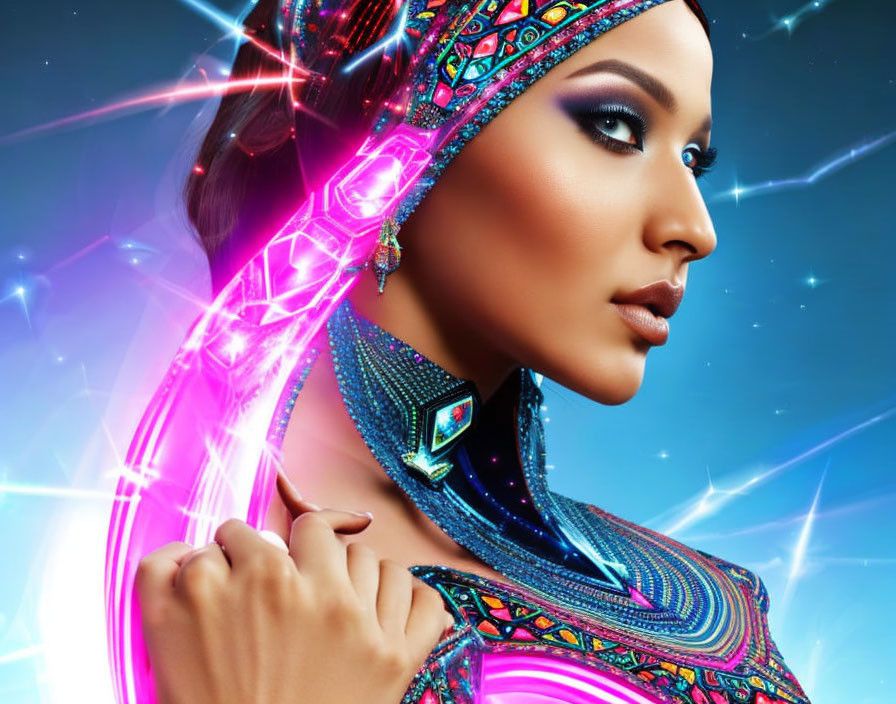 Vibrant futuristic attire woman in cosmic neon lights