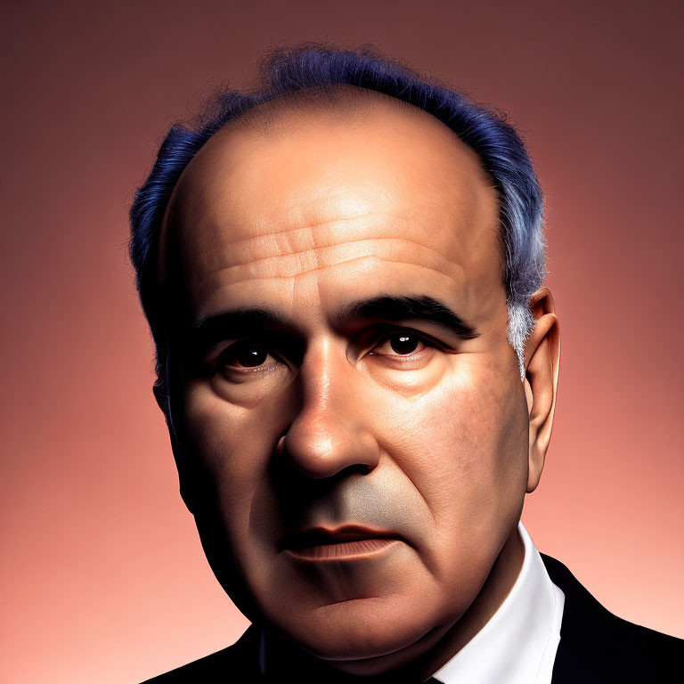 Man with Blue Hairline in Suit on Pink Gradient Background