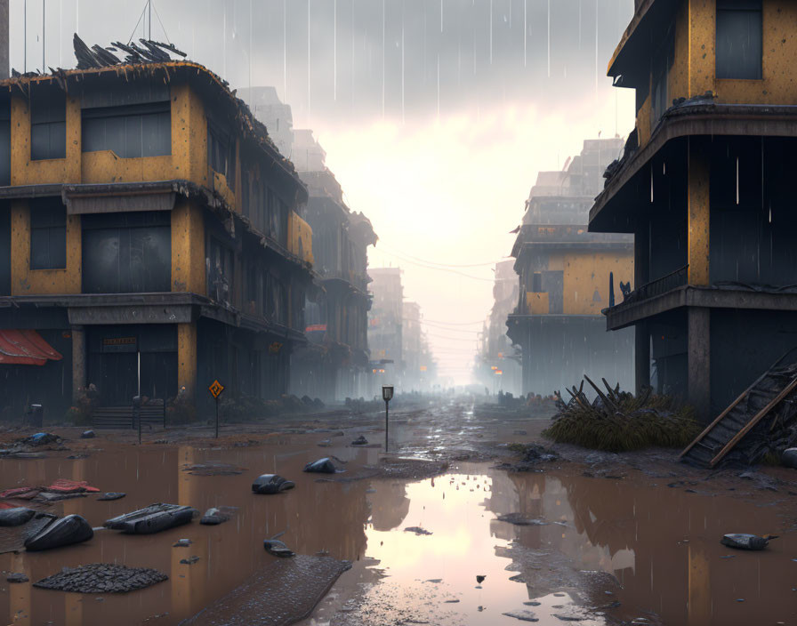 Abandoned city street in heavy rain with dilapidated buildings and scattered debris