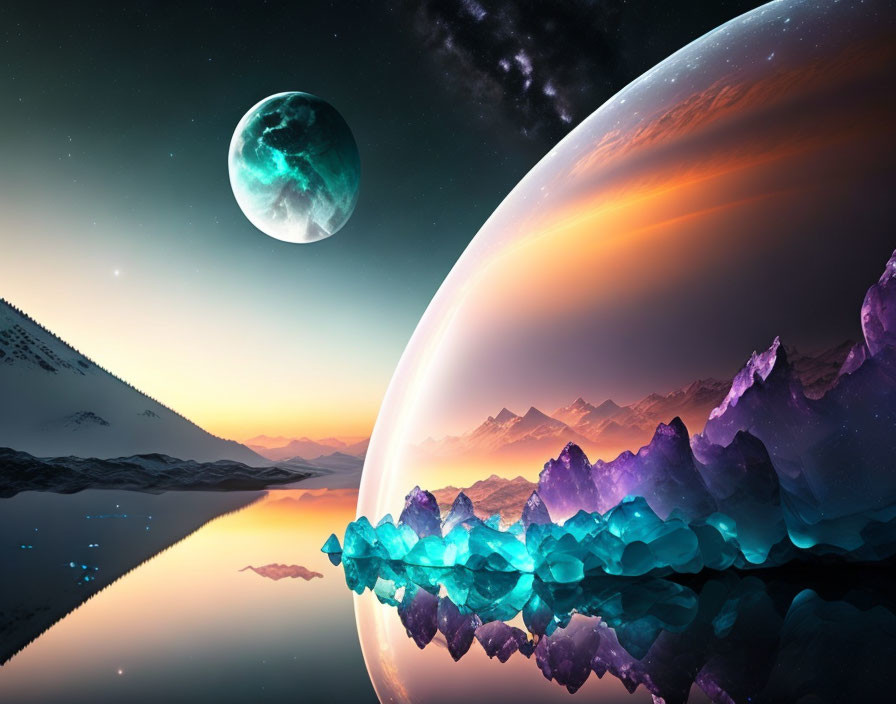 Tranquil landscape with crystal formations, reflective lake, large planet, and moon at twilight