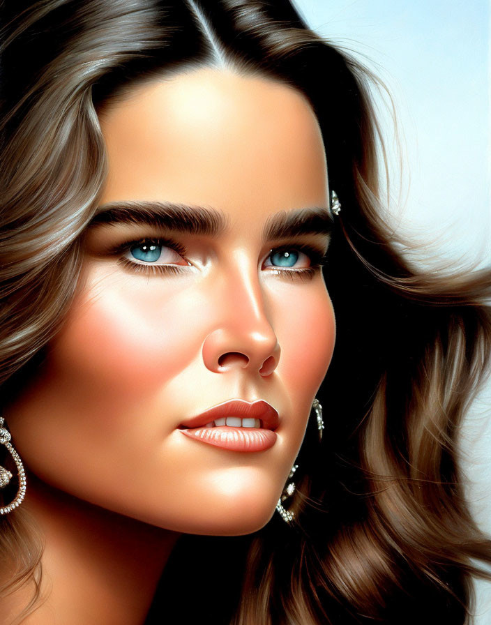 Realistic digital portrait of woman with blue eyes and wavy brown hair