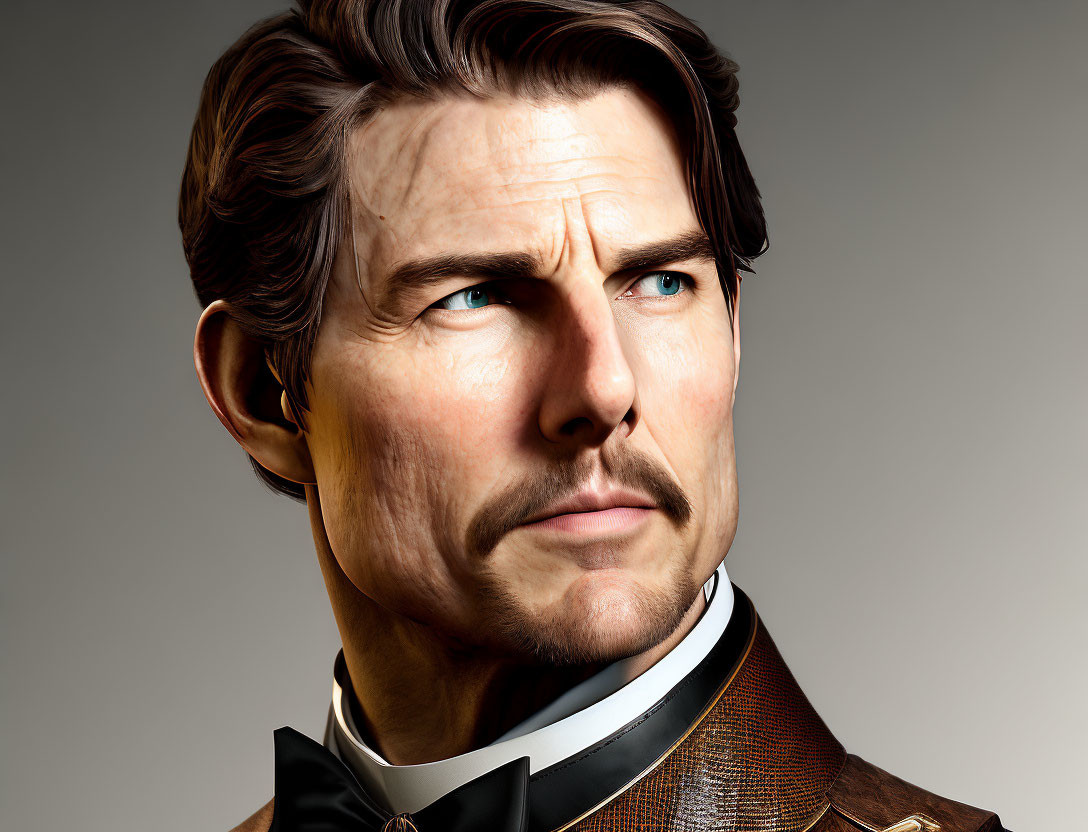 Hyper-realistic digital portrait of a man with sculpted jaw, blue eyes, dark hair, bow