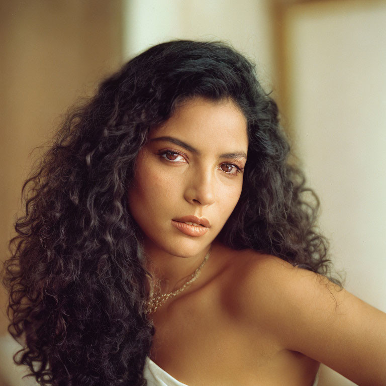 Portrait of woman with dark curly hair and bare shoulder, gazing serenely.