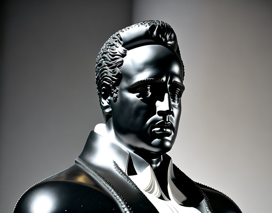 Metallic bust of a man with detailed hairstyle and formal outfit on grey background