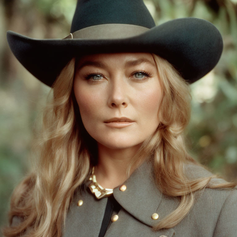 Blonde woman in black cowboy hat and brown jacket