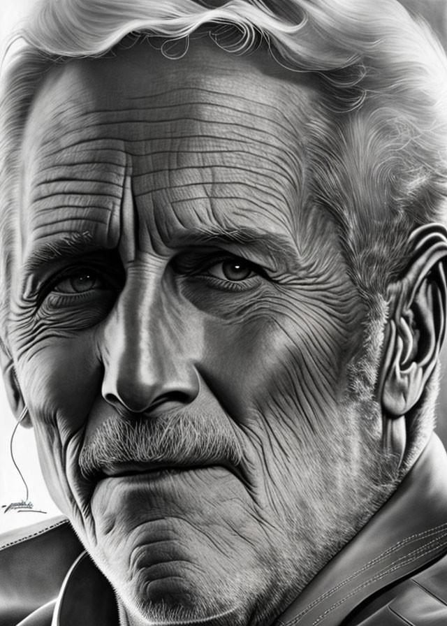 Monochrome portrait of elderly man with deep-set eyes and firm jawline