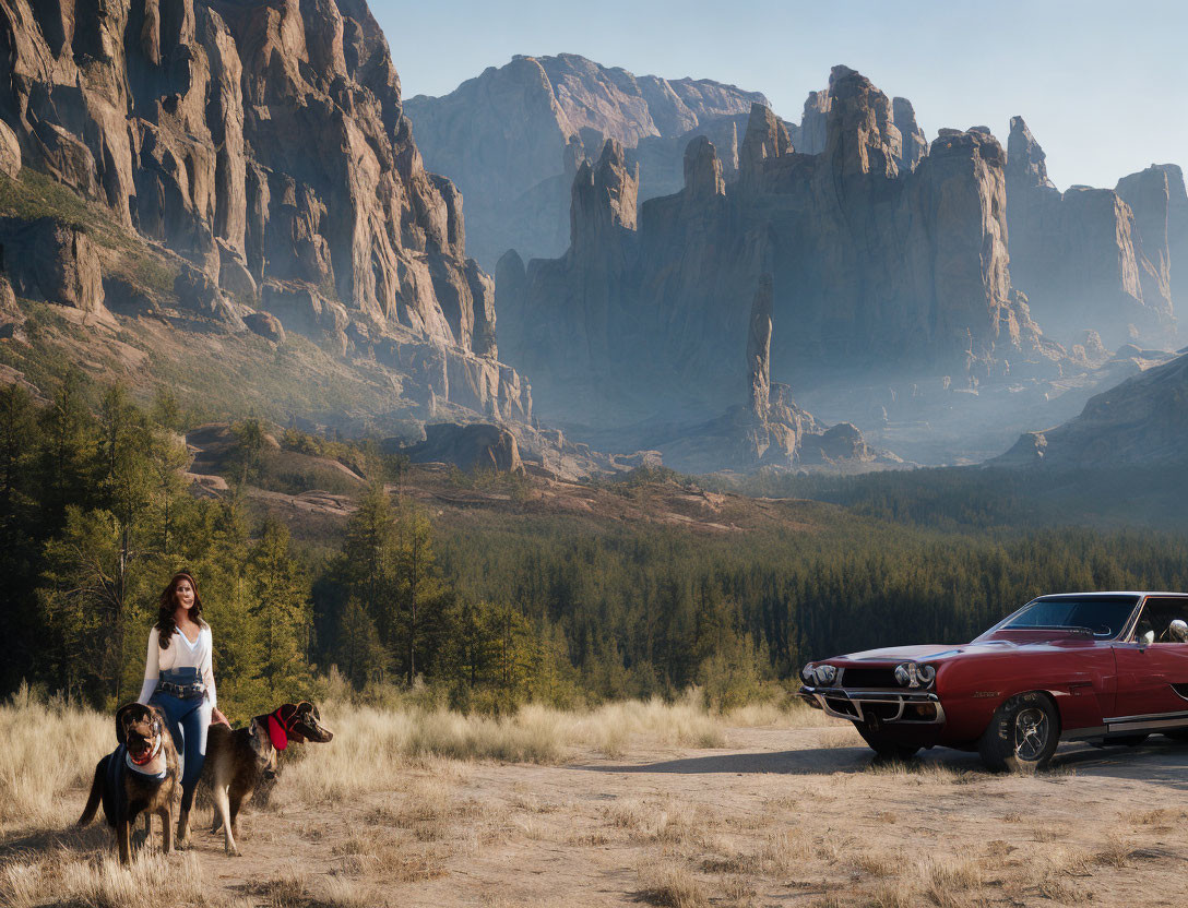 Woman with dogs and classic red car in mountainous landscape