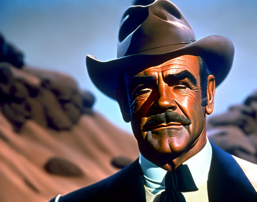 Stylized animated man with mustache in cowboy hat in desert landscape