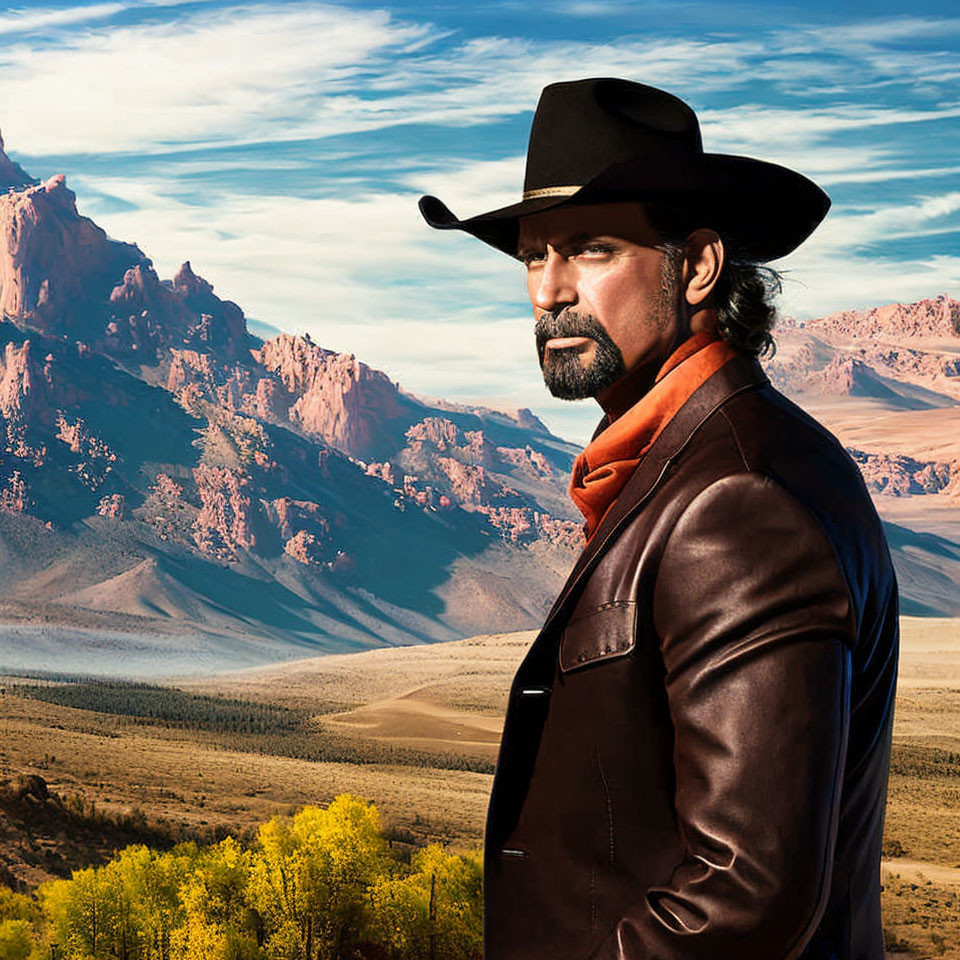 Cowboy in leather jacket gazes at desert mountains